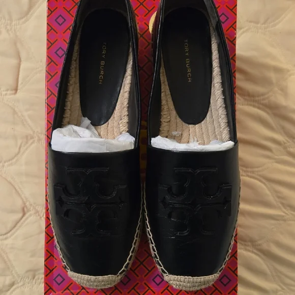 Tory Burch Black Ines Leather Platform Espadrille Slip-On Flats with Logo - Picture 4 of 8